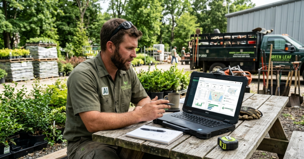 landscaper reviewing ai crm dashboard on laptop