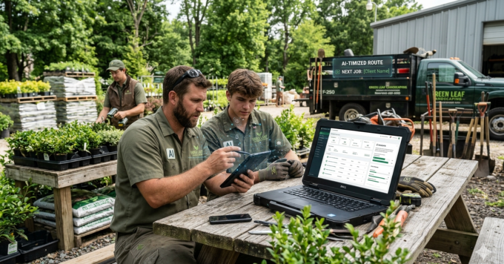 landscaping crew using ai crm app to manage jobs on site