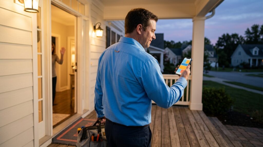 Plumber-managing-AI-chatbot-leads-from-a-mobile-phone-on-a-job-site