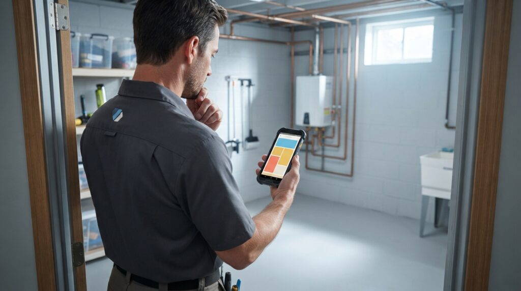 Plumber-reviewing-an-AI-generated-plumbing-estimate-and-quote-on-a-smartphone
