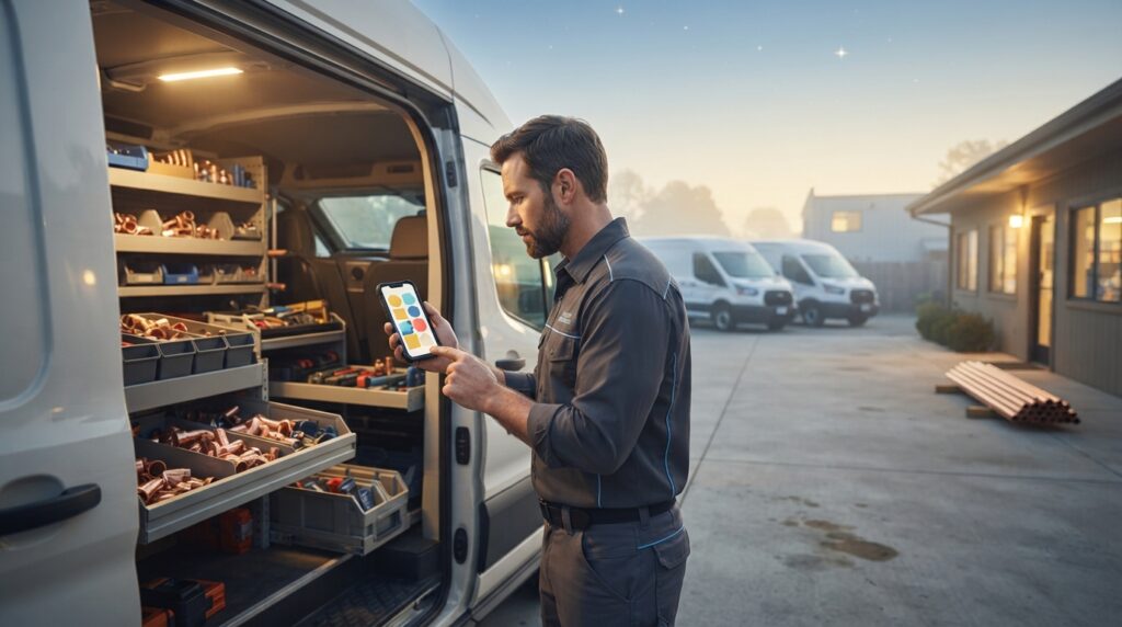 Plumber-using-AI-CRM-for-plumbing-companies-on-a-smartphone-at-a-job-site
