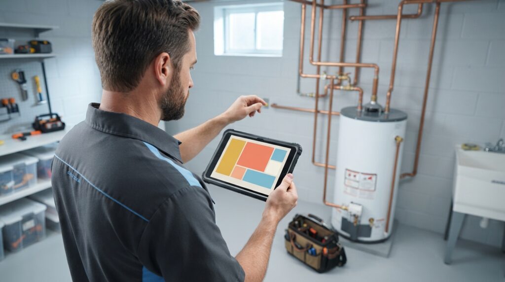 Plumber-using-AI-for-plumbing-estimates-and-quotes-on-a-tablet-at-a-job-site
