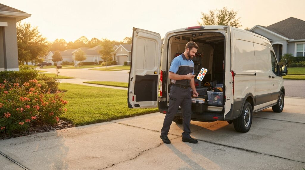 Plumber-using-AI-invoicing-software-on-a-smartphone-after-completing-a-job