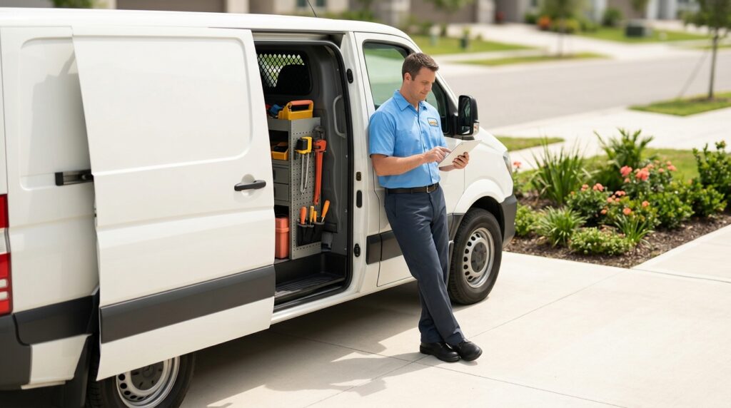 Plumber-using-AI-review-management-tool-to-check-Google-reviews-on-tablet