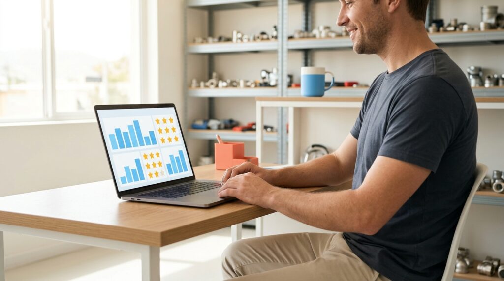 Plumbing-business-owner-using-AI-review-management-tool-to-track-star-ratings-on-laptop