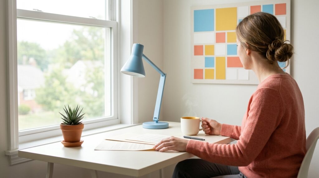 Plumber-reviewing-AI-bookkeeping-software-financial-reports-at-office-desk