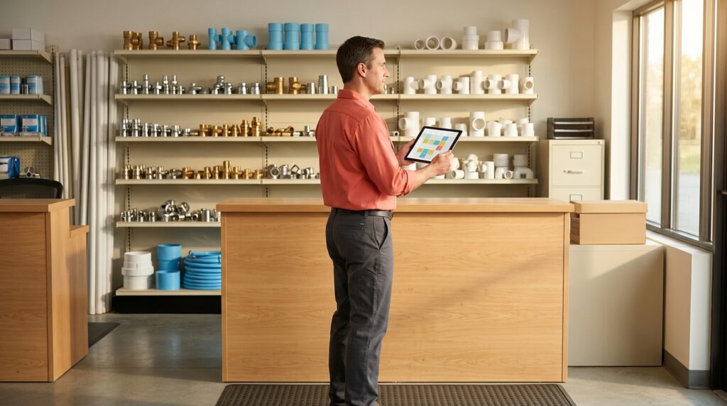 Plumber-using-AI-appointment-reminders-for-plumbing-customers-on-a-tablet