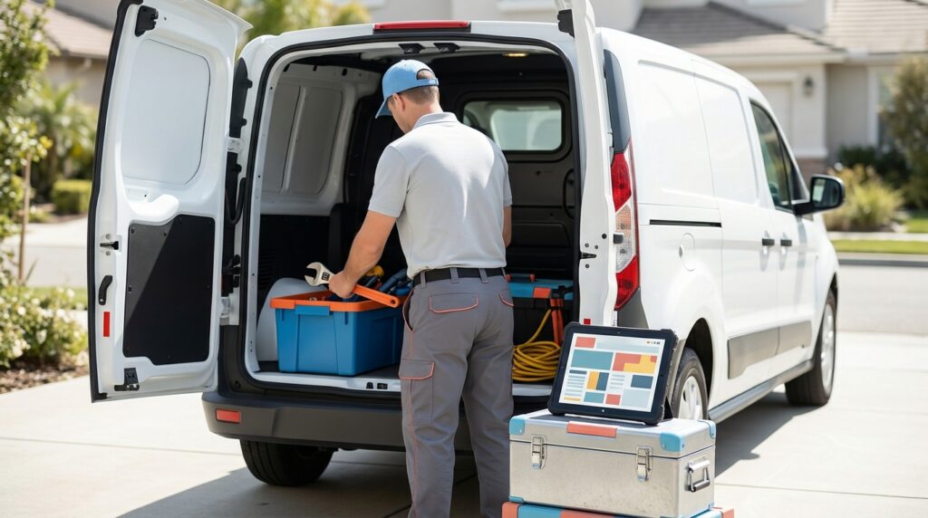 Plumber-using-an-AI-writing-tool-on-a-tablet-to-create-marketing-content-for-a-plumbing-business
