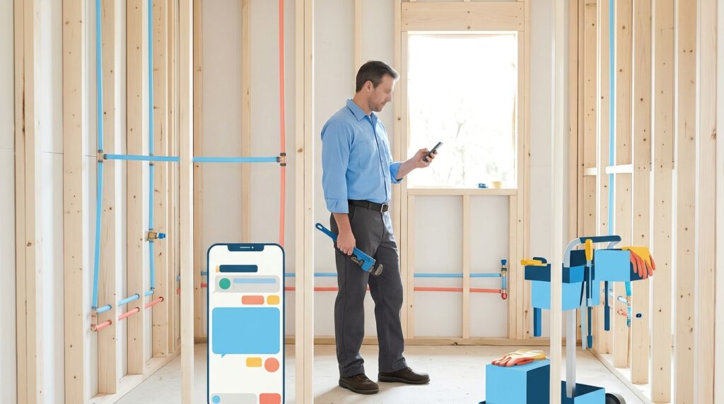 plumber-using-AI-missed-call-text-back-on-smartphone-at-job-site